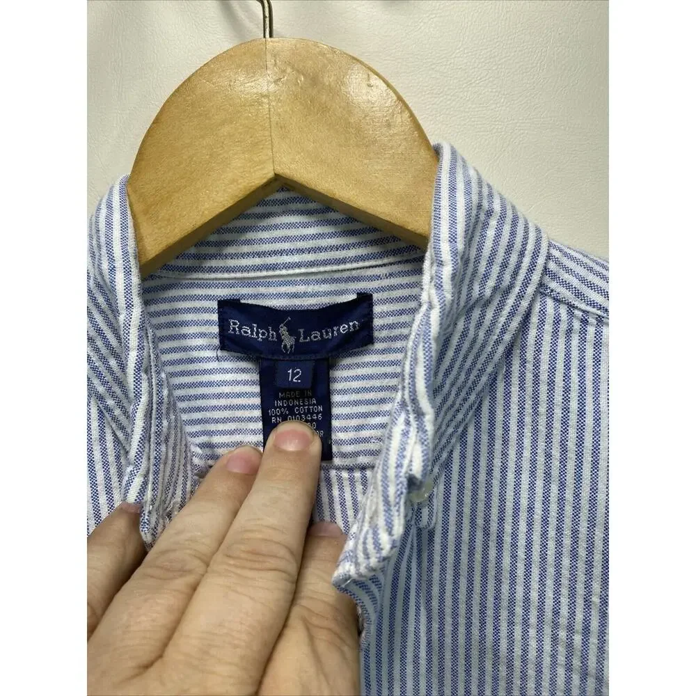 Vintage Polo Ralph Lauren Blue White Stripe Button Long Sleeve Shirt Boys 12